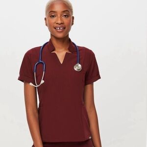 Figs Inala Slim Top Self Collar Maroon Burgundy BNWT XS